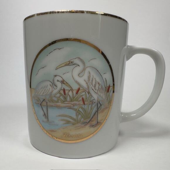 Lefton Japan Souvenir Mug/Cup Florida Egret Waterfowl Birds Gold Trim 1987 VTG - Picture 12 of 15